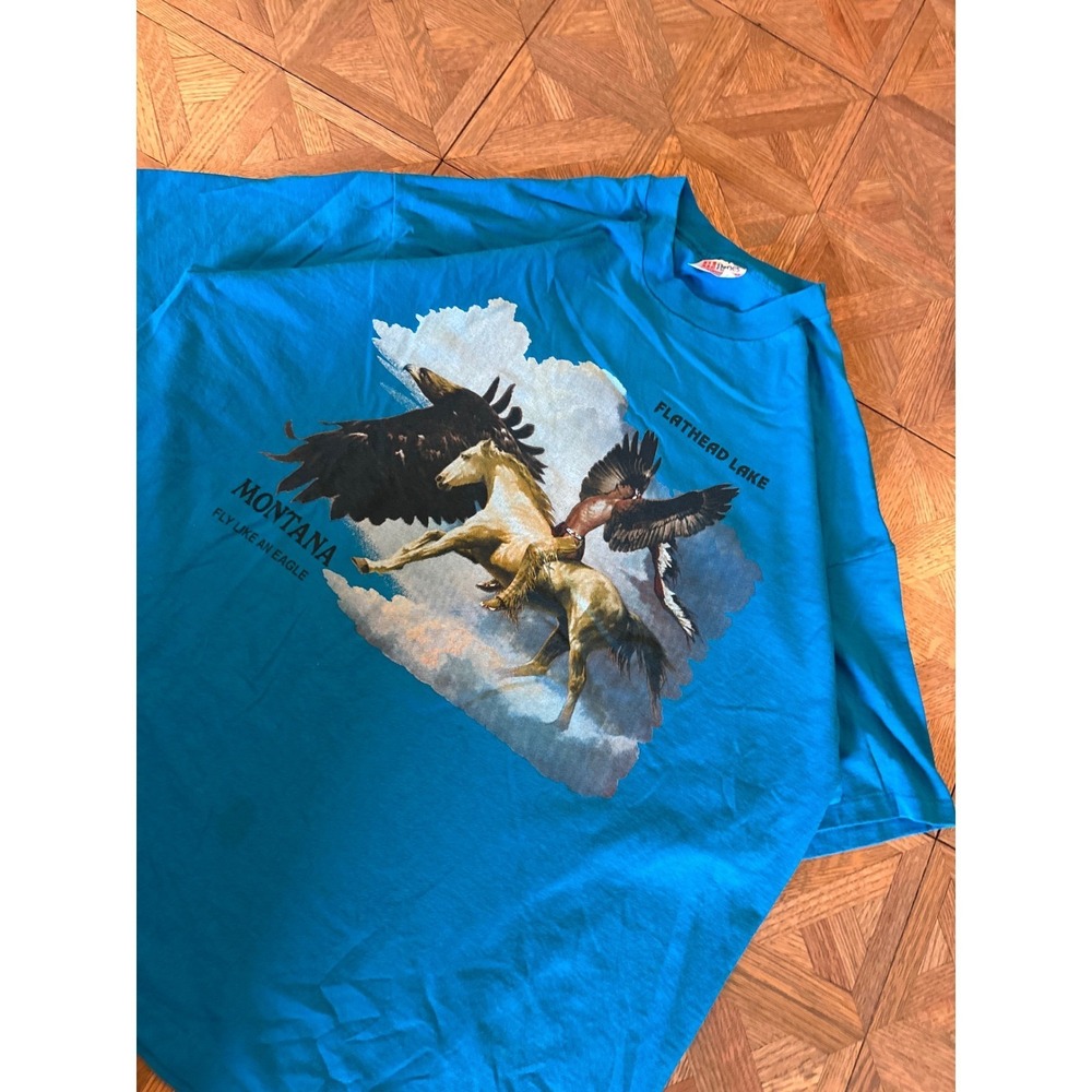 Vintage Hanes Montana Flathead Lake Eagle Horse Graphic T-Shirt Blue XXL 90s 10